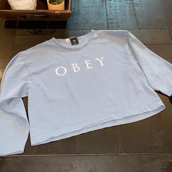 Obey Tops - Obey Dusty Blue Logo Long Sleeve Crop Top